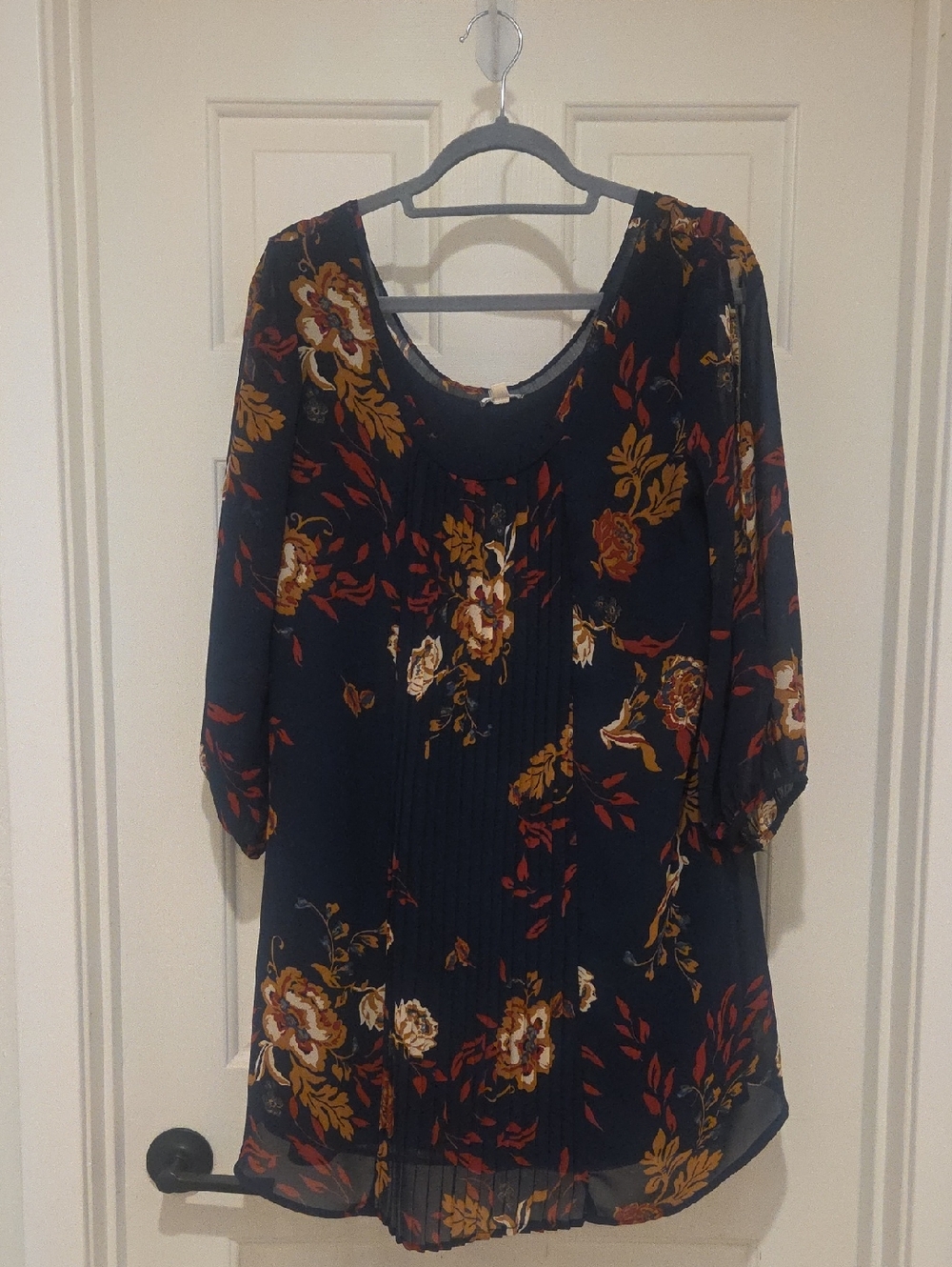 Floral Pintuck Peasant Blouse - Navy with Rust & Mustard